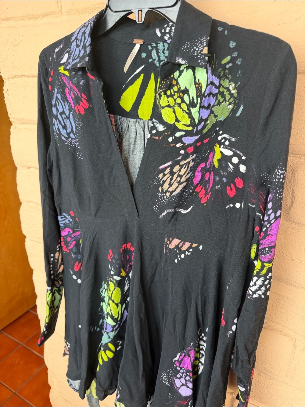Free People Black Floral-Print Long Sleeve Tunic with Neon Accents